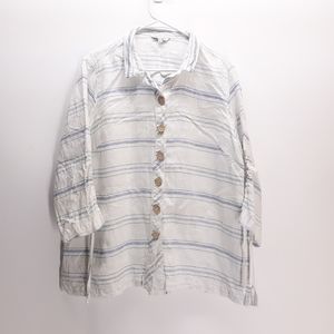 John Mark Womens L Blue White Stripe Nautical Coastal Linen Button Down Shirt